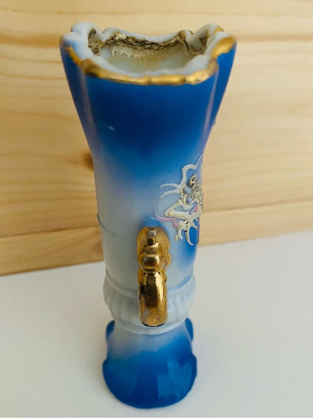 Vintage Japanese Dragonware 4” Mini Vase Urn Gilded Handles Moriage Dragon Blue